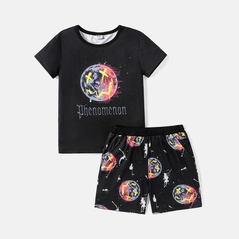 2pcs Kid Boy Face Graphic Print Short-sleeve Tee and Elasticized Shorts Set