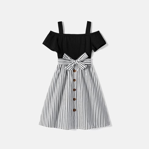 Family Matching Cotton Striped Short-sleeve T-shirts and Off Shoulder Belted Spliced Dresses Sets BlackandWhite big image 14