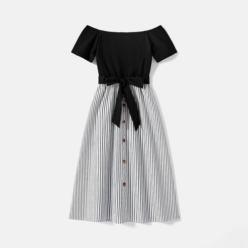 Family Matching Cotton Striped Short-sleeve T-shirts and Off Shoulder Belted Spliced Dresses Sets BlackandWhite big image 6