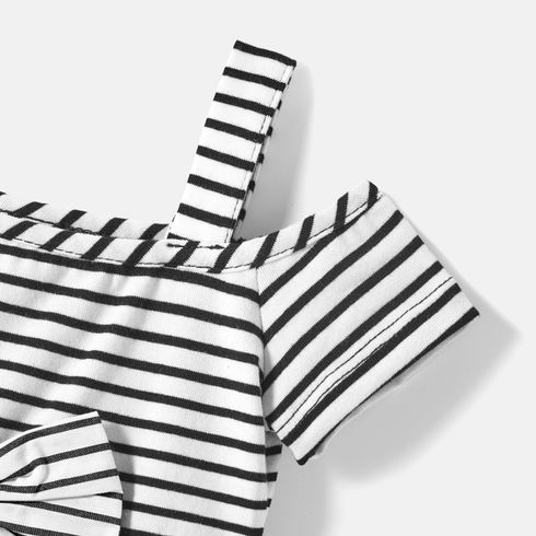 Family Matching Cotton Striped Short-sleeve T-shirts and Off Shoulder Belted Spliced Dresses Sets BlackandWhite big image 19