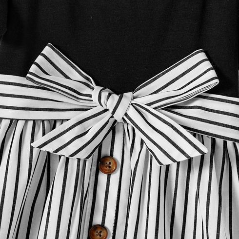 Family Matching Cotton Striped Short-sleeve T-shirts and Off Shoulder Belted Spliced Dresses Sets BlackandWhite big image 15