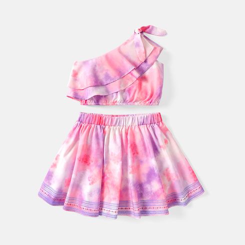 2pcs Kid Girl Tie Dyed One Shoulder Tee and Elasticized Skirt Set