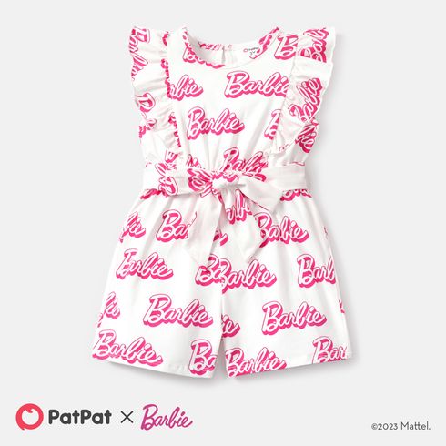Barbie Toddler Girl Cotton Letter Print Ruffled Belted Rompers Multi-color big image 1