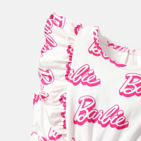Barbie Toddler Girl Cotton Letter Print Ruffled Belted Rompers Multi-color big image 4