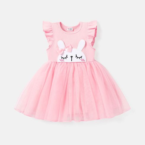 Baby Girl Rabbit Embroidered Pink Flutter-sleeve Mesh Dress