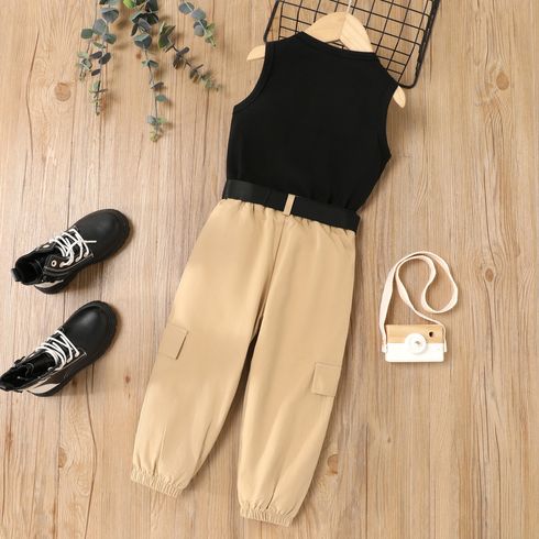 3pcs Toddler Girl Trendy Letter Print Tank Top and Cargo Pants & Belt Set Black big image 2