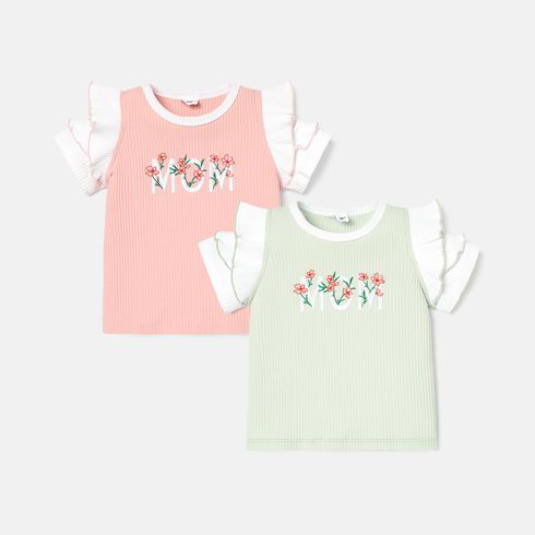 Mother's Day Baby Girl Cotton Letter Embroidered Flutter-sleeve Ribbed Tee