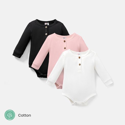 Baby Girl/Boy Cotton Button Design Solid Color Ribbed Long-sleeve Rompers