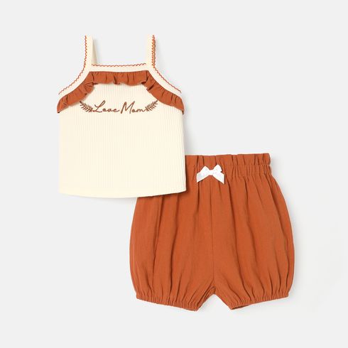 Mother's Day 2pcs Baby Girl Cotton Letter Embroidered Ruffled Ribbed Cami Top and Bloomer Shorts Set