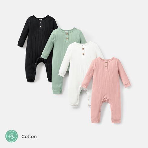 Baby Girl/Boy Cotton Button Design Solid Color Ribbed Long-sleeve Jumpsuits