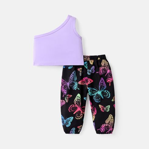 2pcs Baby Girl 95% Cotton Solid One Shoulder Tank Top and Allover Colorful Butterfly Print Pants Set
