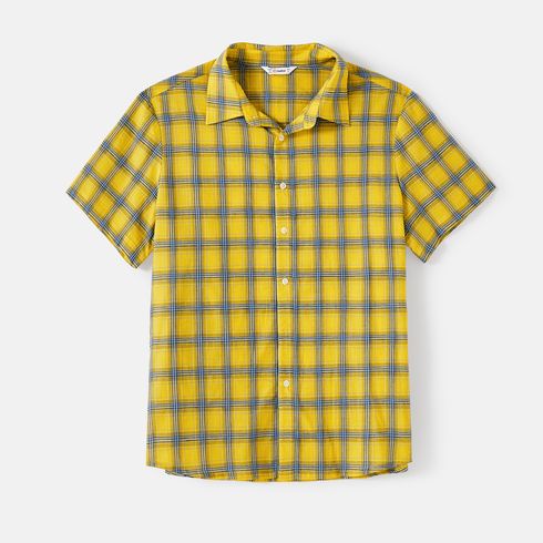 Family Matching 100% Cotton Yellow Plaid Shirts and Solid Surplice Neck Ruffle-sleeve Self Tie Dresses Sets Yellow big image 15