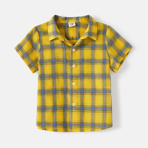 Family Matching 100% Cotton Yellow Plaid Shirts and Solid Surplice Neck Ruffle-sleeve Self Tie Dresses Sets Yellow big image 17