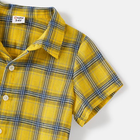 Family Matching 100% Cotton Yellow Plaid Shirts and Solid Surplice Neck Ruffle-sleeve Self Tie Dresses Sets Yellow big image 18