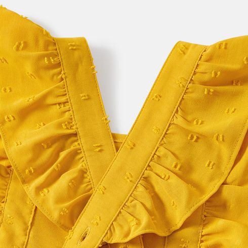 Family Matching 100% Cotton Yellow Plaid Shirts and Solid Surplice Neck Ruffle-sleeve Self Tie Dresses Sets Yellow big image 13