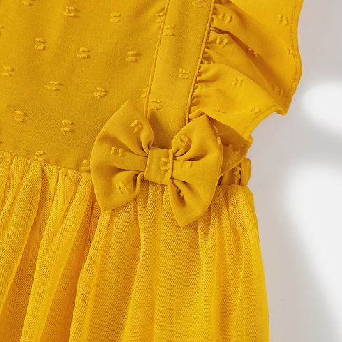 Family Matching 100% Cotton Yellow Plaid Shirts and Solid Surplice Neck Ruffle-sleeve Self Tie Dresses Sets Yellow big image 11