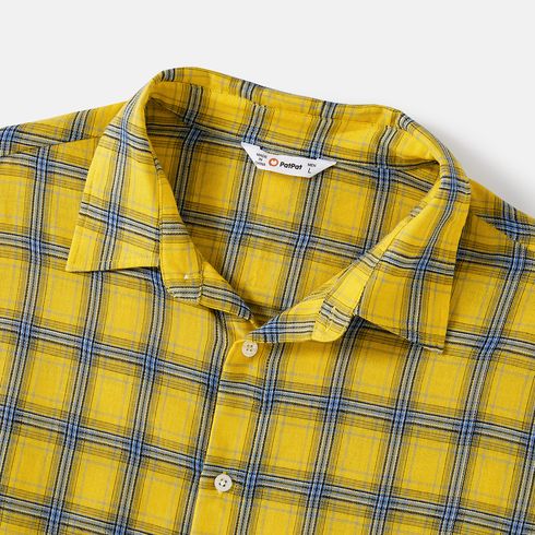 Family Matching 100% Cotton Yellow Plaid Shirts and Solid Surplice Neck Ruffle-sleeve Self Tie Dresses Sets Yellow big image 16
