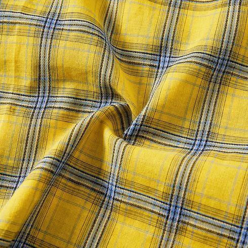 Family Matching 100% Cotton Yellow Plaid Shirts and Solid Surplice Neck Ruffle-sleeve Self Tie Dresses Sets Yellow big image 19
