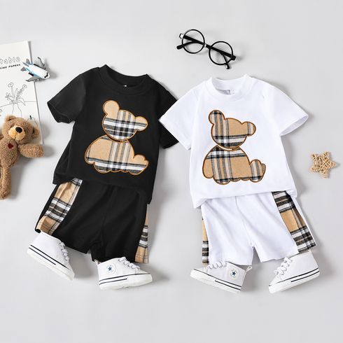 2pcs Baby Boy Plaid Bear Graphic Short-sleeve Tee & Shorts Set