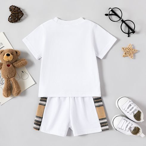 2pcs Baby Boy Plaid Bear Graphic Short-sleeve Tee & Shorts Set White big image 3