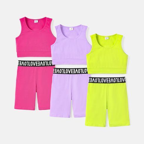 2pcs Kid Girl Solid Color Cotton Tank Tops and Webbing Design Shorts Set