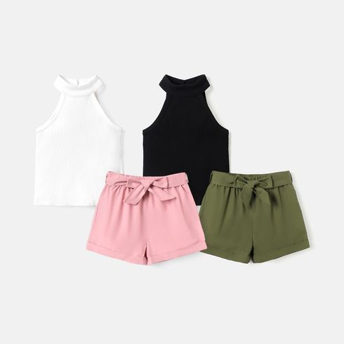 2pcs Toddler Girl Ribbed Cotton Halter Tee and Belted Shorts Set