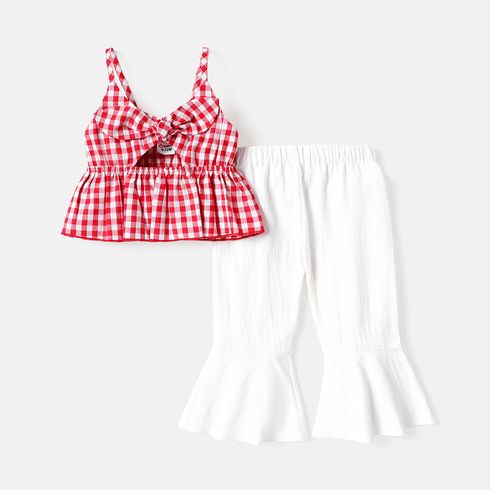 2pcs Baby Girl Bow Front Cut Out Gingham Cami Top and Solid Flared Pants Set REDWHITE big image 1