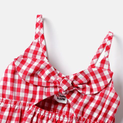 2pcs Baby Girl Bow Front Cut Out Gingham Cami Top and Solid Flared Pants Set REDWHITE big image 3