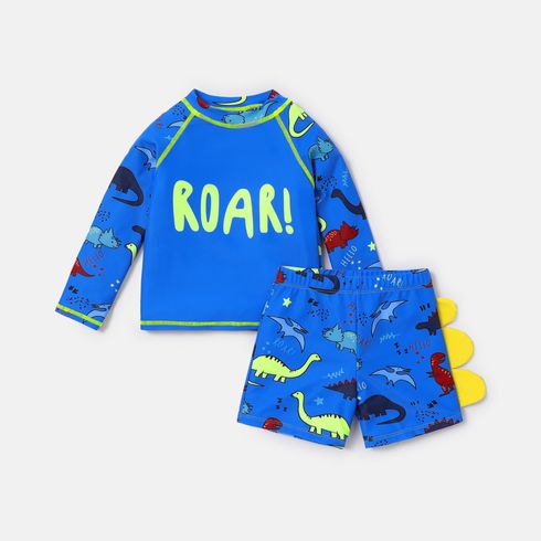 2pcs Toddler Boy Dinosaur Print Top and Trunks Swimsuit