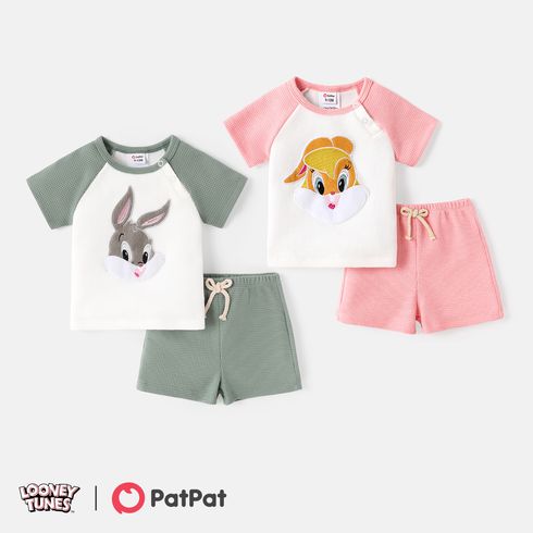 Looney Tunes 2pcs Baby Boy/Girl Raglan Sleeve Animal Graphic Waffle Tee & Shorts Set Pink big image 2