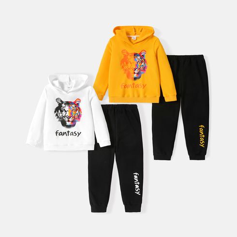 2pcs Kid Boy Animal Tiger Print Hoodie Sweatshirt and Letter Print Pants Set
