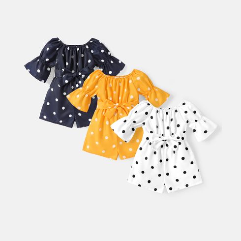 Toddler Girl Polka dots Bell sleeves Belted Romper Jumpsuit Shorts