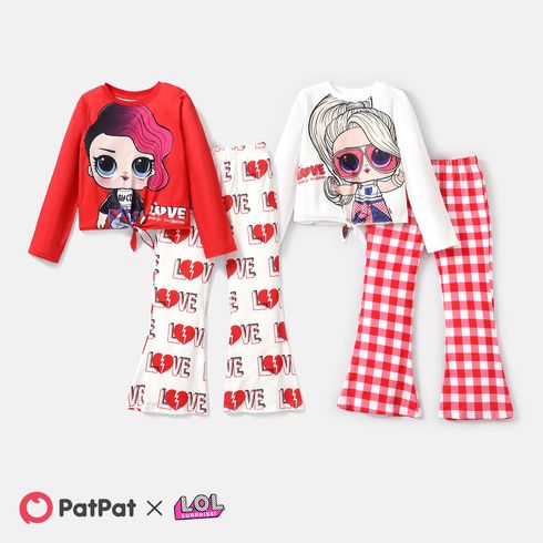 L.O.L. SURPRISE! 2pcs Kid Girl Valentine's Day Tie Knot Tee and Heart Print/Plaid Flared Pants Set