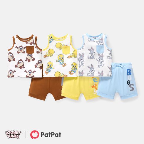 Looney Tunes 2pcs Baby Boy Allover Cartoon Print Naia Tank Top and Cotton Shorts Set