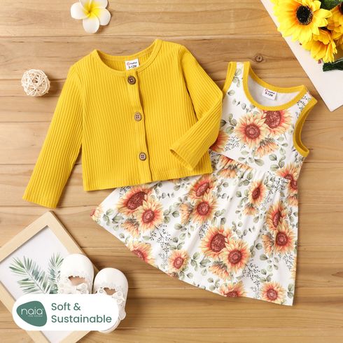 2pcs Baby Girl Allover Sunflower Print Tank Dress and Solid Ribbed Long-sleeve Cardigan Set