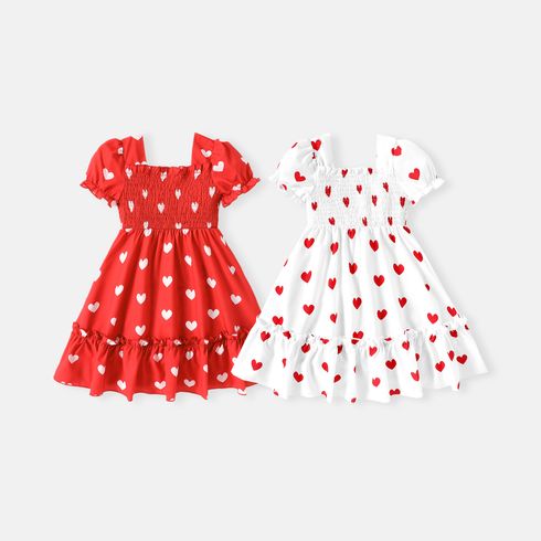 Valentine's Day Toddler Girl Heart Print Smocked Square Neck Short-sleeve Dress