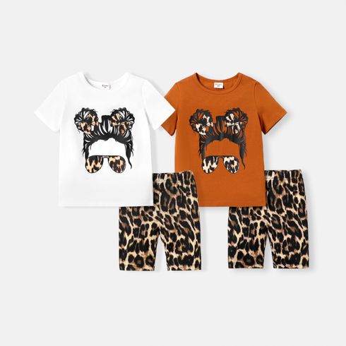2pcs Toddler Girl Figure Print Short-sleeve Tee and Leopard Print Shorts Set