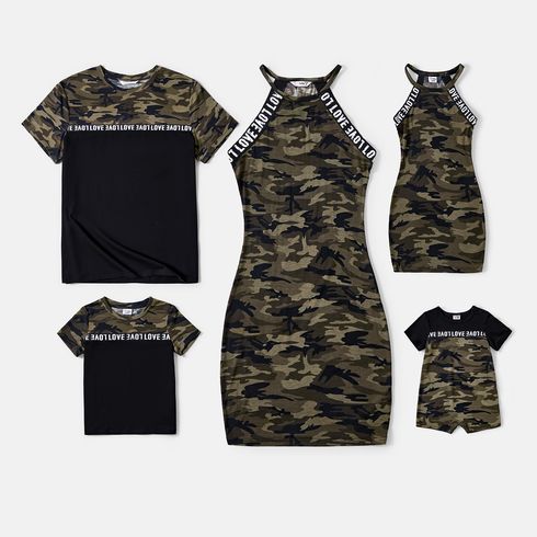 Family Matching Letter Design Camouflage Halter Neck Sleeveless Bodycon Dresses and Cotton Short-sleeve Spliced T-shirts Sets
