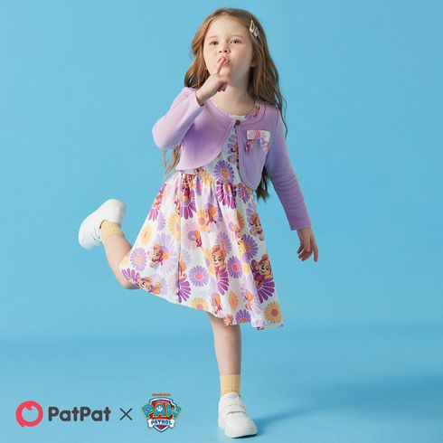 PAW Patrol 2pcs Toddler Girl Naia Floral Print Sleeveless Dress and Bowknot Design Cotton Cardigan Set Purple big image 6
