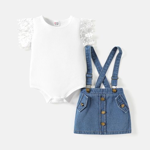 2pcs Baby Girl Cotton Ribbed Flutter-sleeve Romper and Denim Suspender Skirt Set
