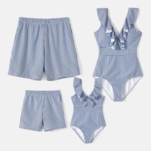 Family Matching Blue Pinstriped Ruffle Trim One-piece Swimsuit and Swim Trunks