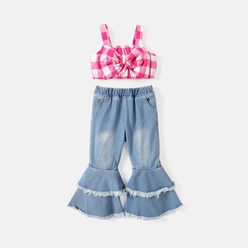 2pcs Toddler Girl Plaid Bow Front Crop Camisole and Raw Trim Flare Leg Jeans Set