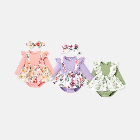 Baby Girl Floral Print & Solid Ribbed Bow Front Ruffle Long-sleeve Romper