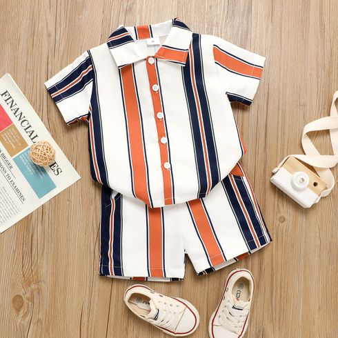 2pcs Toddler Boy Boho Stripe Lapel Collar Shirt and Shorts Set White big image 2