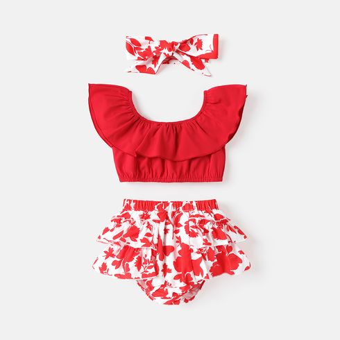 3pcs Baby Girl Solid Ruffled Crop Tank Top and Floral Print Layered Shorts & Headband Set