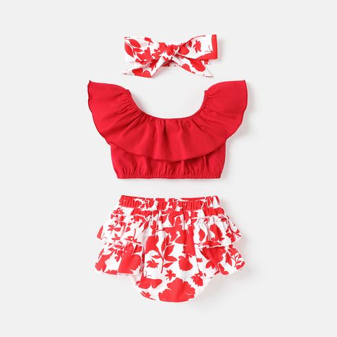 3pcs Baby Girl Solid Ruffled Crop Tank Top and Floral Print Layered Shorts & Headband Set Red big image 2
