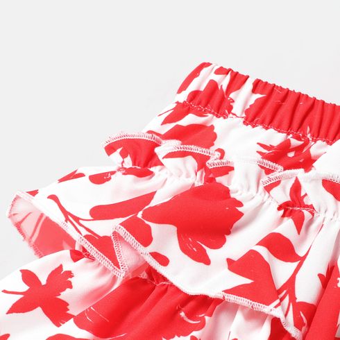 3pcs Baby Girl Solid Ruffled Crop Tank Top and Floral Print Layered Shorts & Headband Set Red big image 4