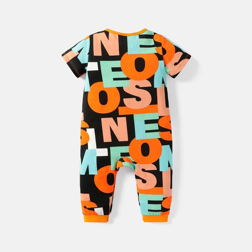 Baby Boy 100% Cotton Allover Letter Print Short-sleeve Jumpsuit Orange big image 2