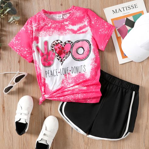 Kid Girl Letter Print Short-sleeve Tee/  Colorblock Elasticized Shorts