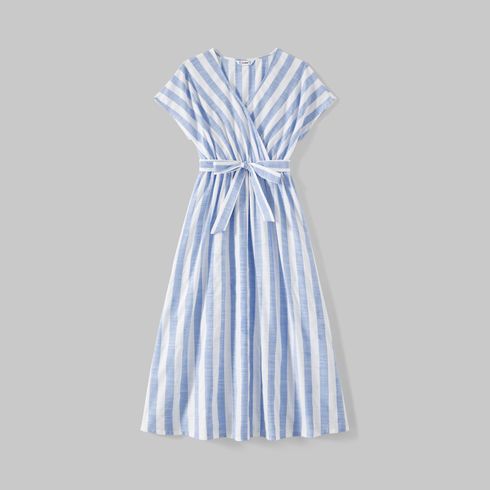 Family Matching Cotton Short-sleeve Spliced Tee and Striped Surplice Neck Short-sleeve Belted Dresses Sets BLUE WHITE big image 13